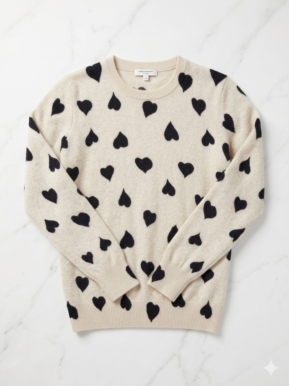 Equipment Cream Crewneck Sweater with Black Heart Pattern